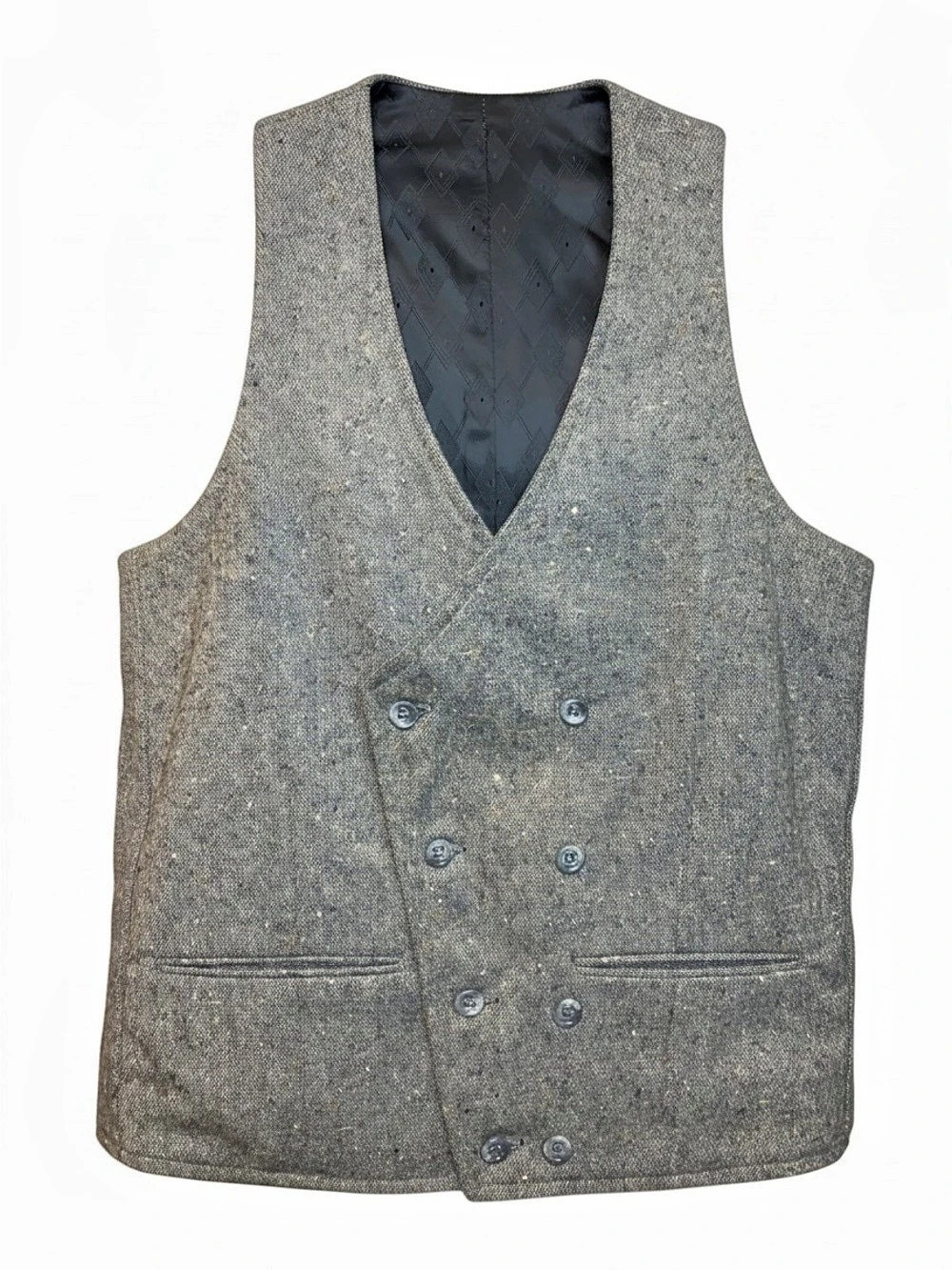 VTG 1979 Crown Tailoring Atlanta Double Breasted Gray Blue Donegal Tweed Vest 36